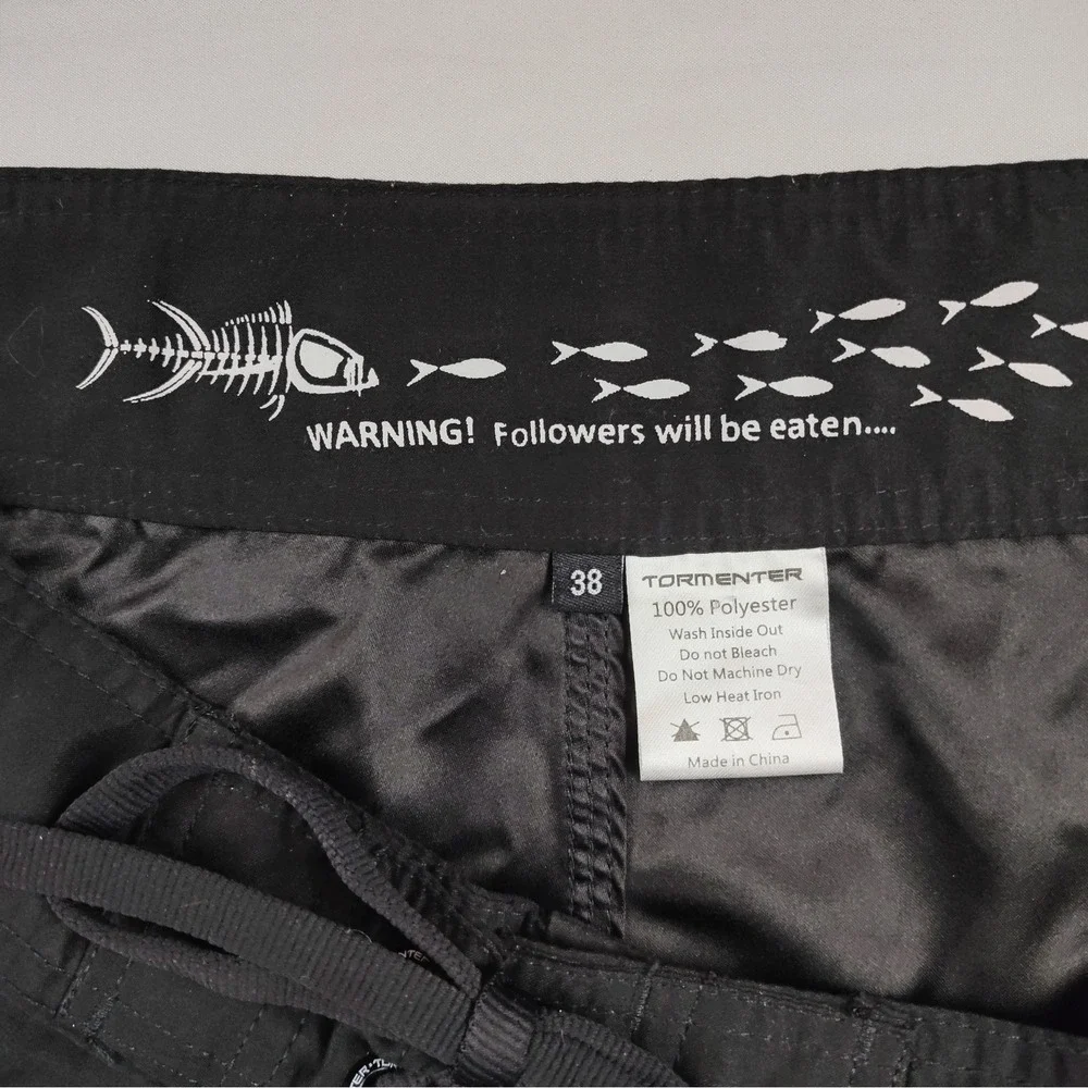 Tormenter Mens Size 38 Board Shorts Swim Trunks Black Fish Skeleton Graphic